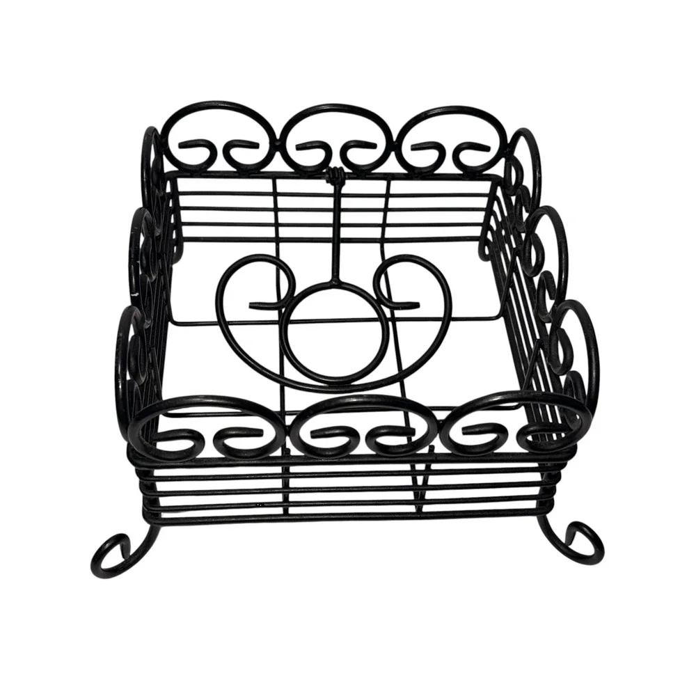 Black Wrought Iron Napkin Holder Square Scrollwork Metal Weighted Arm Farmhouse